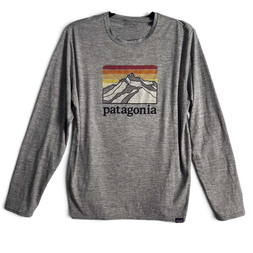 Patagonia Capilene Graphic Shirt Gray Men Small Long Sleeve Mountain Sunset Tee